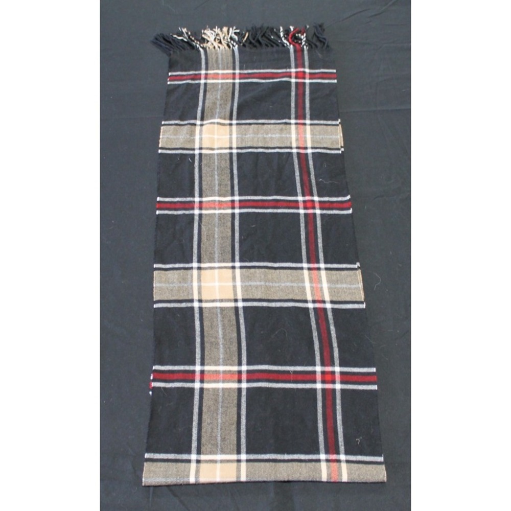 Stewart of Scotland Plaid Scarf Black Red Tan Fringe Acrylic 23"x70"